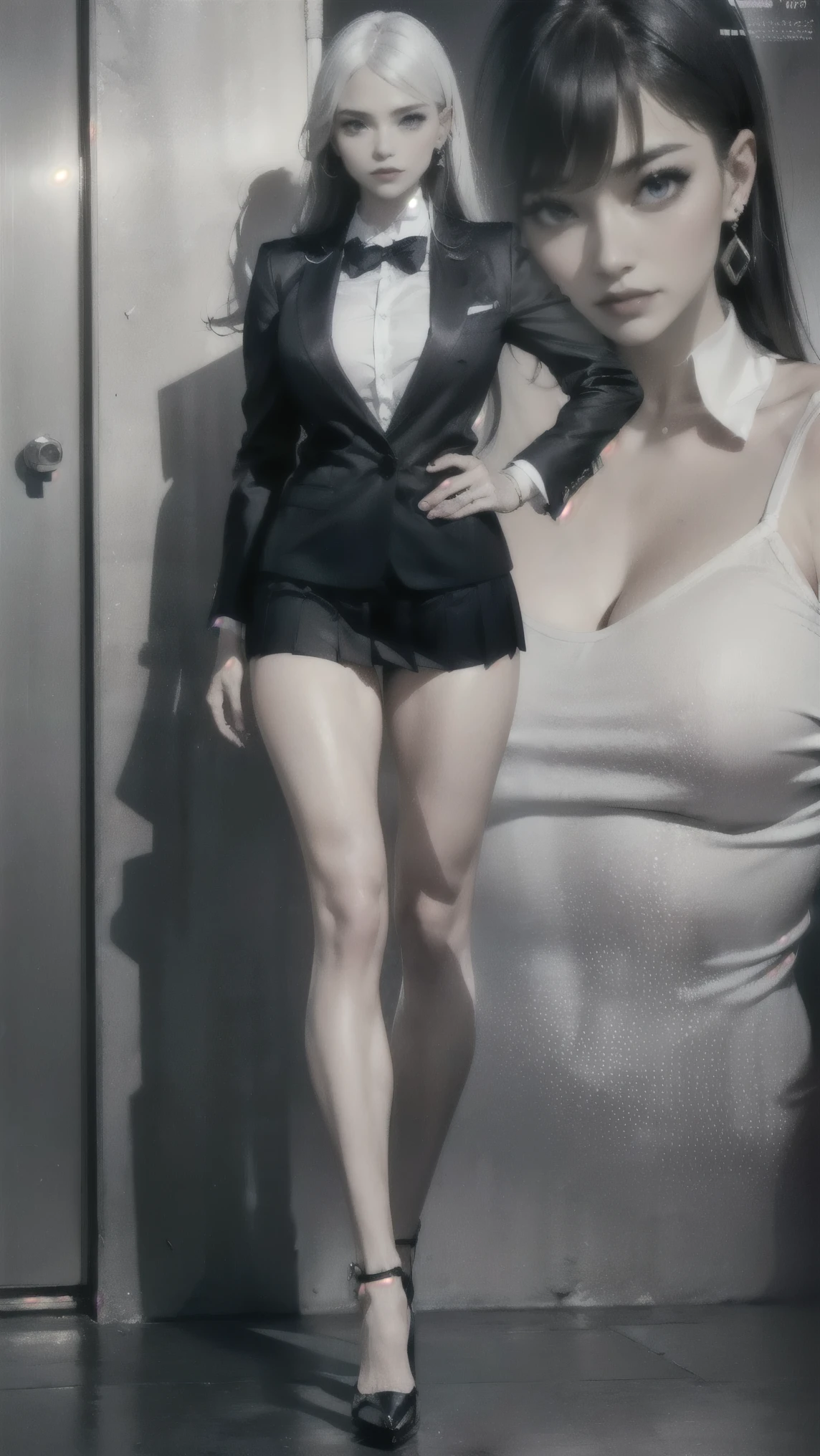 (No shirt), (Movie masterpiece), (There is no inner layer), beautifully detailed glow, Ambient blackout, Ambient Light, Ray Traced Reflections, (Better lighting, extremely soft and beautiful), ((Wearing a suit jacket alone)), (No underwear), cover Magazine featuring a sexy girl as the central character, Supermodel, she has a beautiful face，Stand confidently in the center of the page, white hair, Purple Eyes, Sexy legs, Knee-high socks, 穿着Fashion (Sexy school uniform), Black platform high heels, black blazer school jacket, (Mini black dress), earrings,  The color palette is mainly dark with splashes of Energetic colors, giving the poster a dynamic and visually striking appearance, Standing picture (Magazine:1.3), (Cover Style:1.3), (simple logo, good design), (Reality:1.4), (Professional photography), Fashionable, Miss, Energetic, Full set of clothing, Strike a pose, front, rich and colorful, background,striking, Modern, trend, Fashion, Volumetric Lighting, Subsurface scattering, (Good anatomy, Good proportions, Good composition, best quality, The award-winning, masterpiece), Dynamic poses, Movie, (Wheels within wheels, detailed), realistic detailed fabric textures, ((Key Points)), (Mature Adults:1.33),