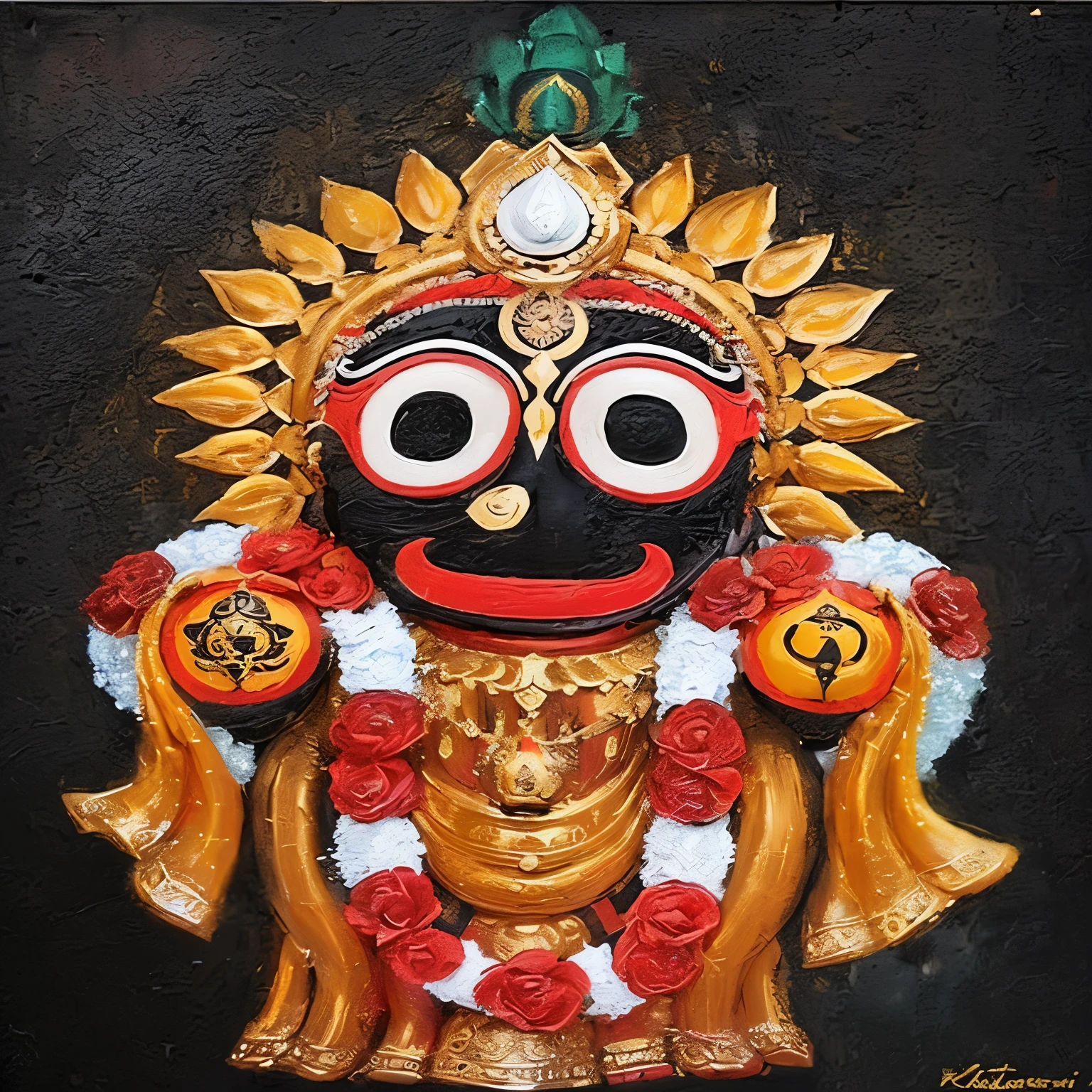 painting of a black and gold statue with a red flower, indian god, kalighat, kalighat hanuman!! head building, wooden jagannath face, narasimha, kalighat highly detailed, kali, hindu god, puṣkaracūḍa, selk ´ nam god of the sun, stylish deity, attractive male deity