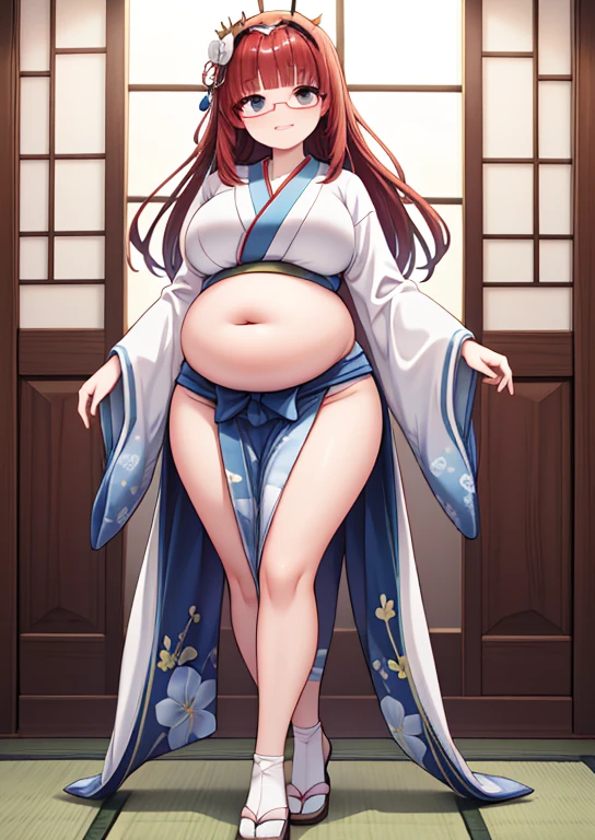 (masterpiece, best quality, highly detailed), 1girls, big belly, huge belly, art by kipteitei, round belly, chubby, curvy, belly grab, enormous belly, fat belly, thicc, bigger belly, really big belly, jiggly belly, glasses, japanese traditional clothes, tight breasts, ((long legs, tall)), high heels, smug face, ((full body)), (dominant)