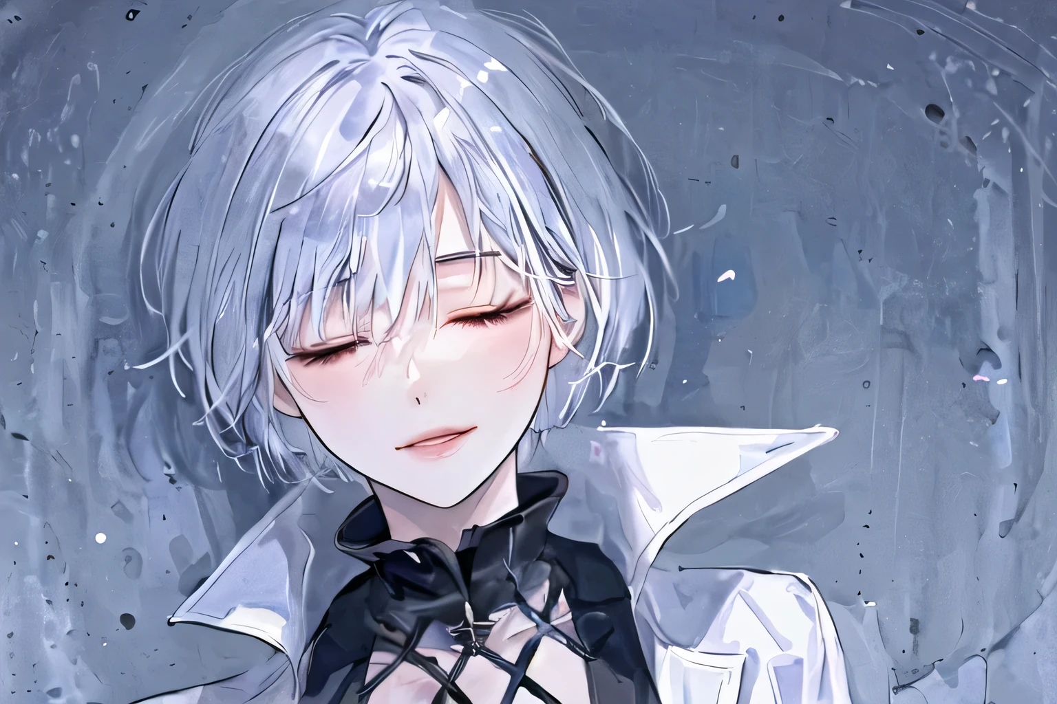 1girl, portrait, solo,lips, female focus, looking at viewer, white hair, short hair, perfect smile,closed eyes, realist novel cover.
