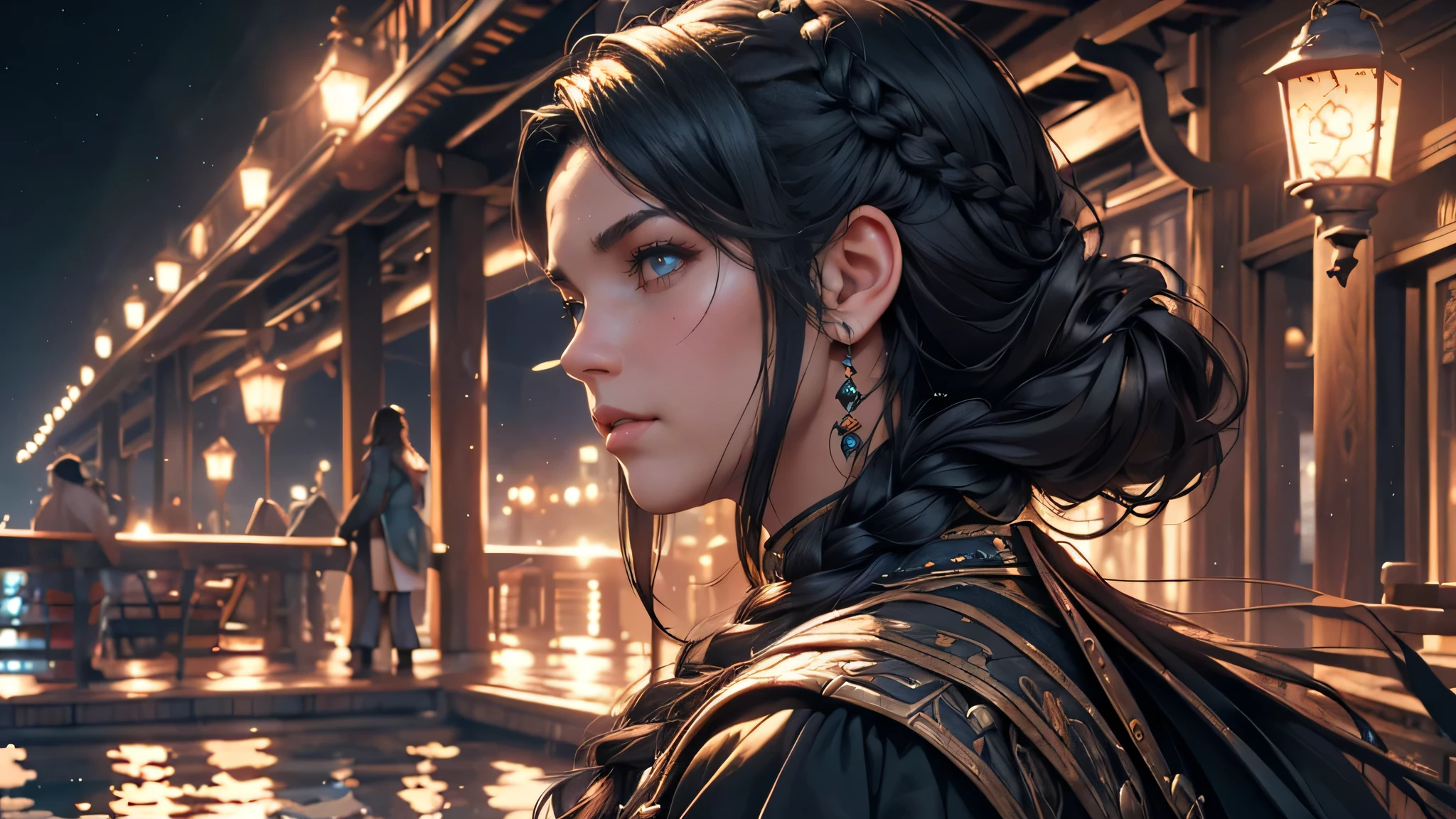 (black traveler's shirt),(a girl with long black hair and braids),(a young man with curly hair),(walking on the ship's dock),(medieval fantasy theme), (best quality,4k,8k,highres,masterpiece:1.2),ultra-detailed,(realistic,photorealistic,photo-realistic:1.37),HDR,UHD,studio lighting,ultra-fine painting,sharp focus,physically-based rendering,extreme detail description,professional,vivid colors,bokeh,portraits,landscape,horror,anime,sci-fi,photography,concept artists,neutral tones,warm lighting.