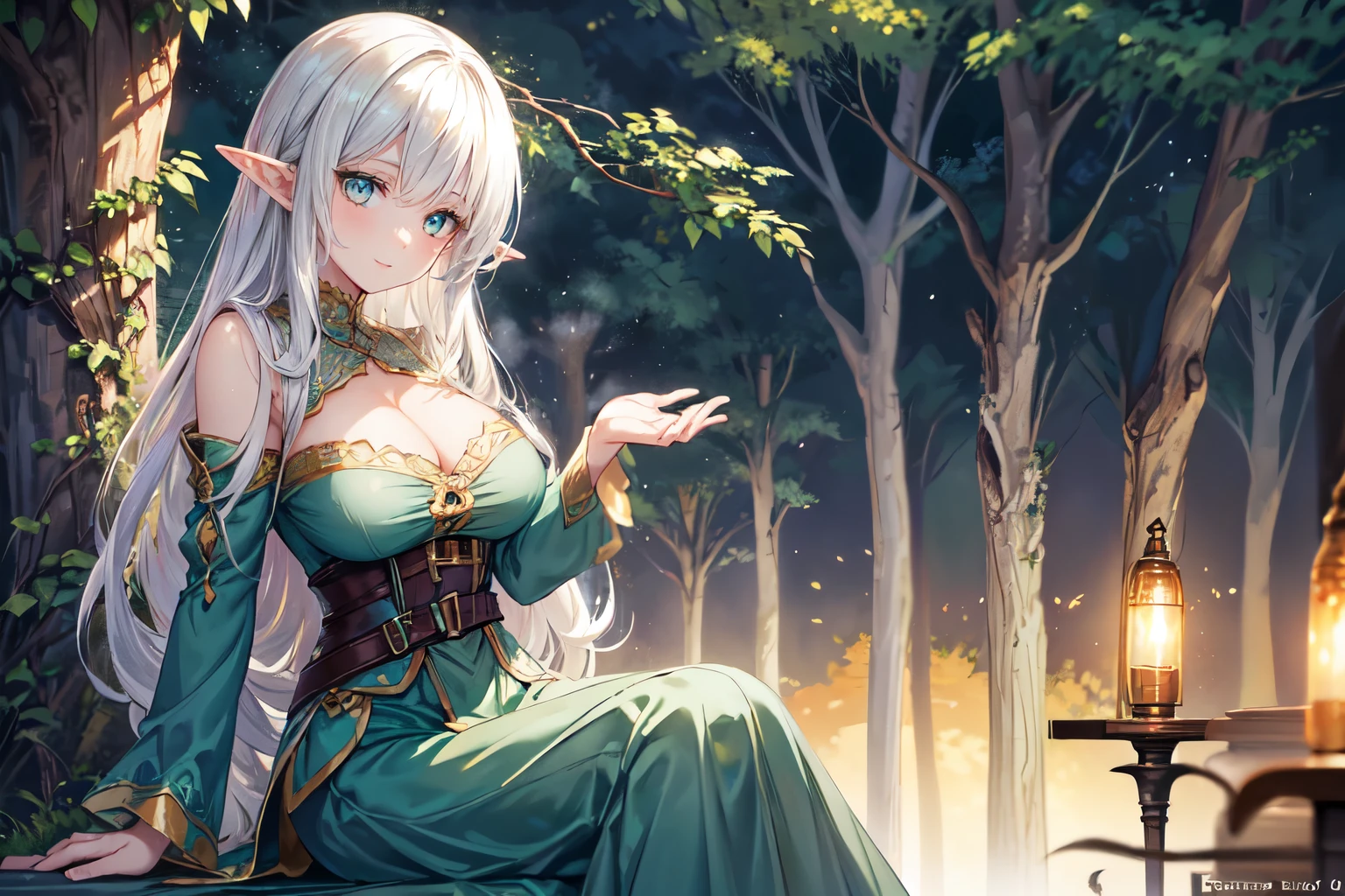 beautiful, View your viewers, Detailed face, Fantasy, beautiful lighting, (22 year old Spanish female), Flowing white hair, Green Eyes, Sitting,Fine grain, Detailed face, Fine hand, Blue Eyes, Green dress, dress, Elf, Fairy, wing, Flying, Moderate exposure, Smile, Big Breasts, Sex,