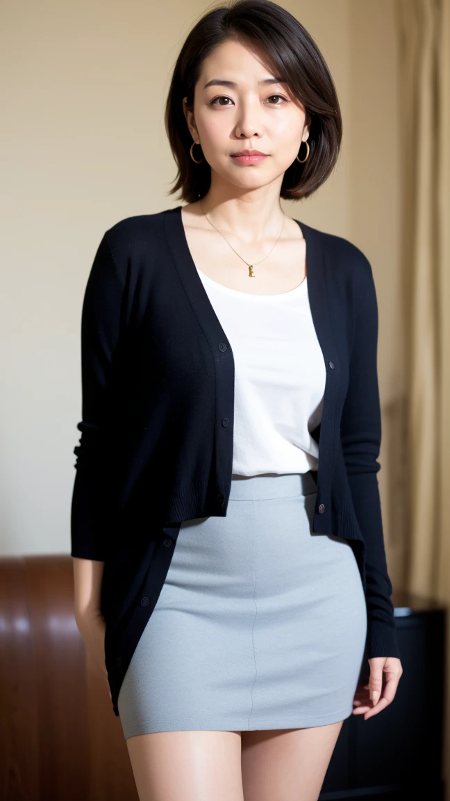 (High resolution, highest quality, masterpiece,Bright lighting), ((Full body photography)), ((Standing)), Textured skin, Anatomically correct, sharp, Alone in a hotel room, ((Mature Woman, 50 years old)), (Nasolabial folds), Black Hair, Medium Hair, slightly plump figure:1.1, Shapely, flat chest:2.0, (looking at the camera), (Serious expression), (Casual cardigan, The inner is a square neck shirt), (Formal tight skirt, pumps), necklace, Earrings