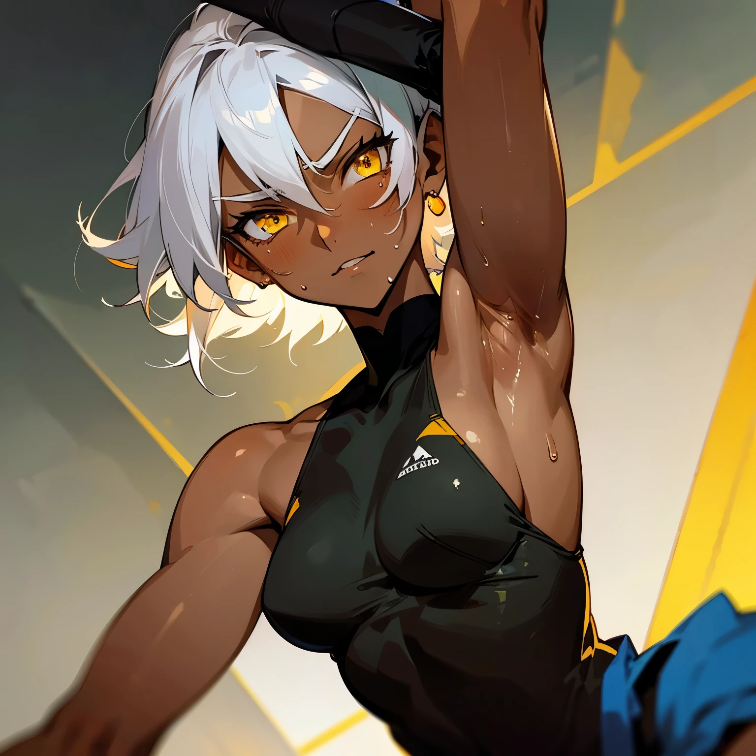 dark-skinned female, very dark skin, short hair, white hair, very sweaty, yellow eyes, armpit hair, smug,  cartoon