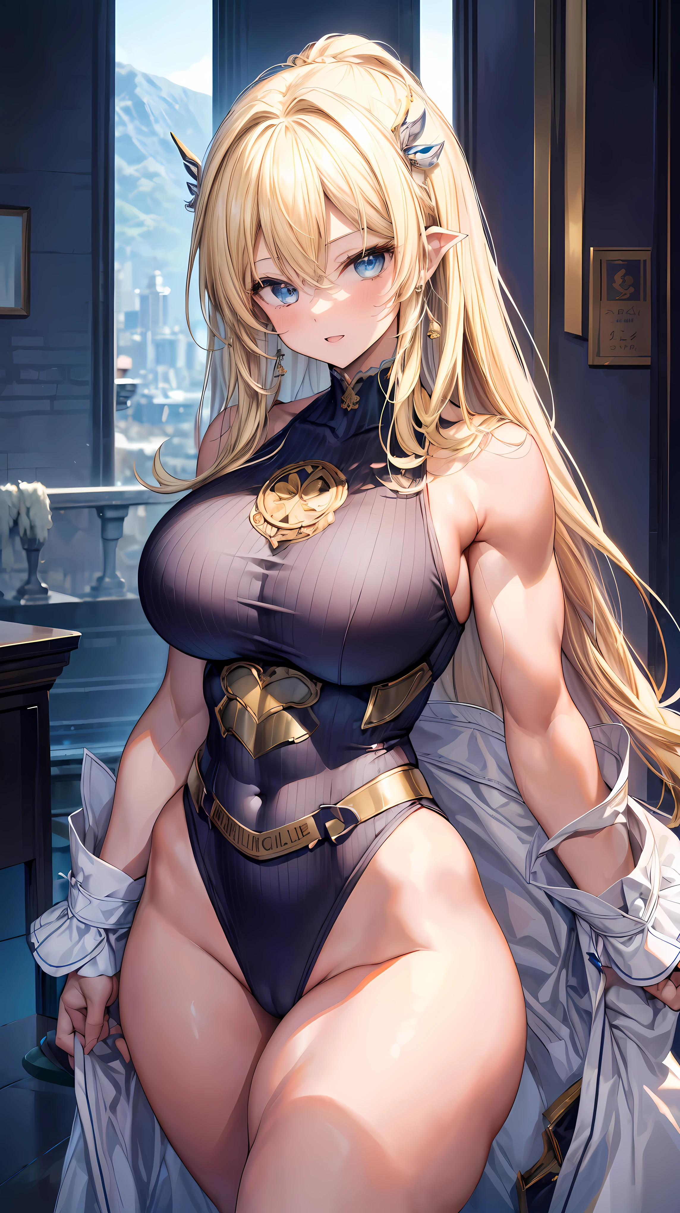 Very detailed、highest quality、Best image quality、masterpiece、8k、Anime Face、A kind smile、(Open your mouth:1.3)、Sparkling blue eyes、(Blonde semi-long hair:1.5)、(Muscles of the whole body:1.3)、(High leg:2.0)、Thigh belt、(Calvin Klein High leg T-back:1.7)、(Upper body close-up:1.5)、(SFW Giant)、(Thick body:1.3)