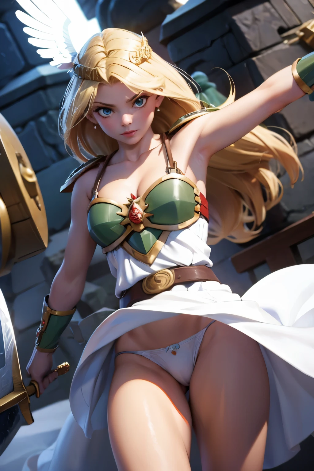 White panties,Valkyrie swinging a sword,