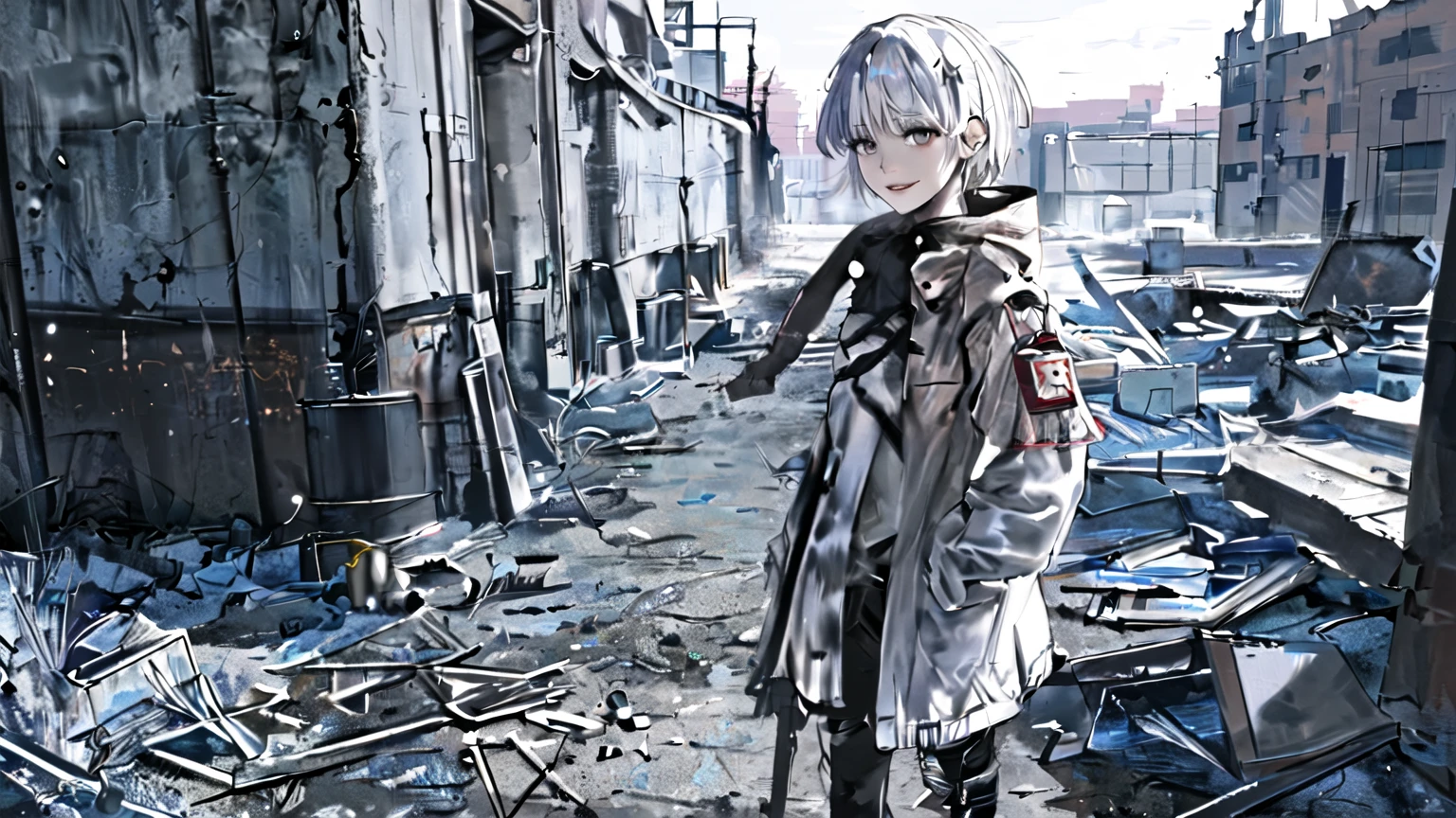 1girl, portrait, solo, lips, female focus, looking at viewer, white hair, short hair, perfect smile, gray eyes, realist novel cover. Standing on the ruins of the end of the world, has iron wings.