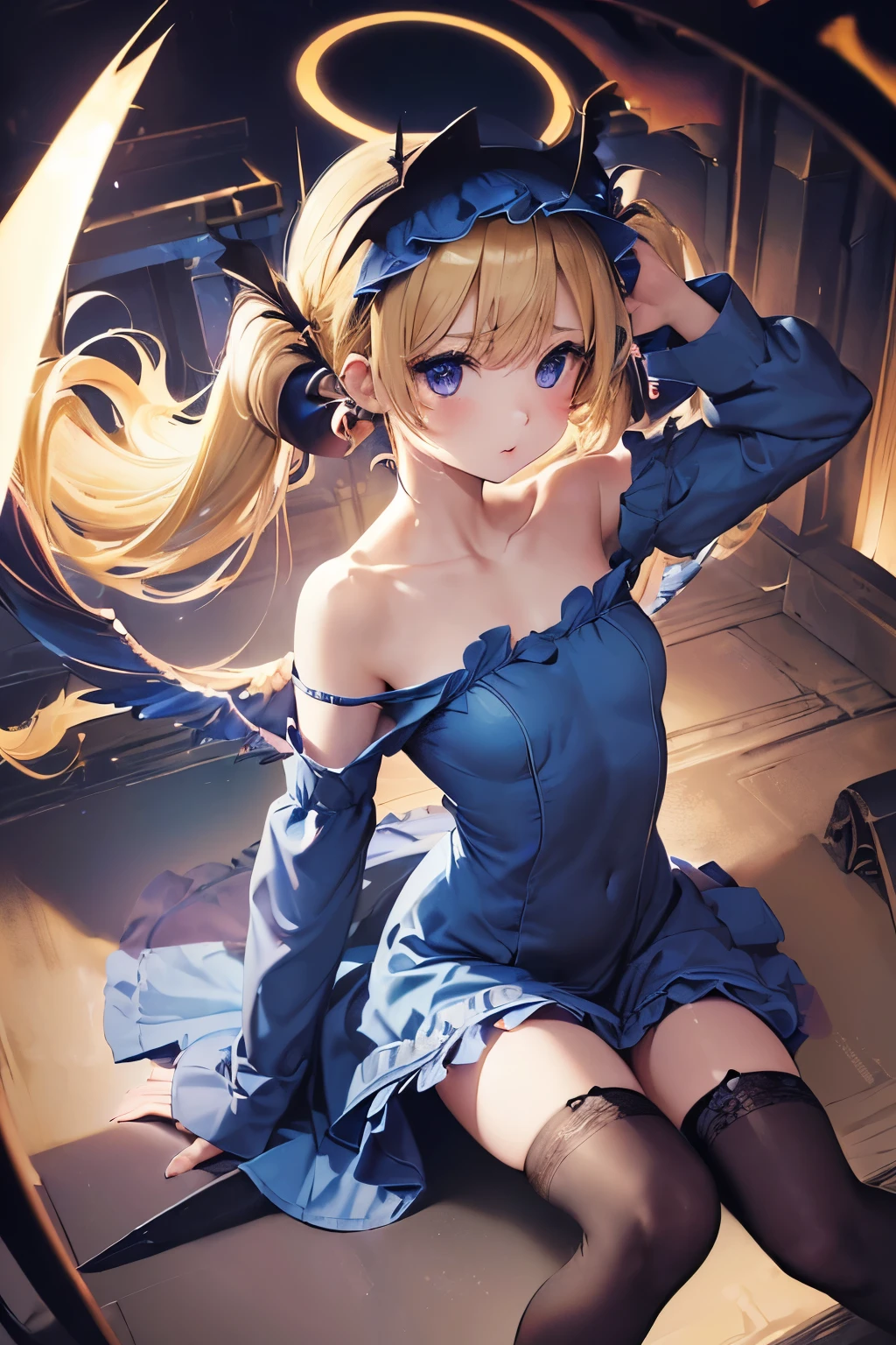 ((( petitgirl with blonde twin tail　))),　(((Blue Dress))),(((Dark fantasy ))),(((Archangel)))、High-definition,(((Big angel wings)))、(((church))),(((Underground maze))),(((stockings))),(((Off the shoulder))),(((Distorted Background)))
