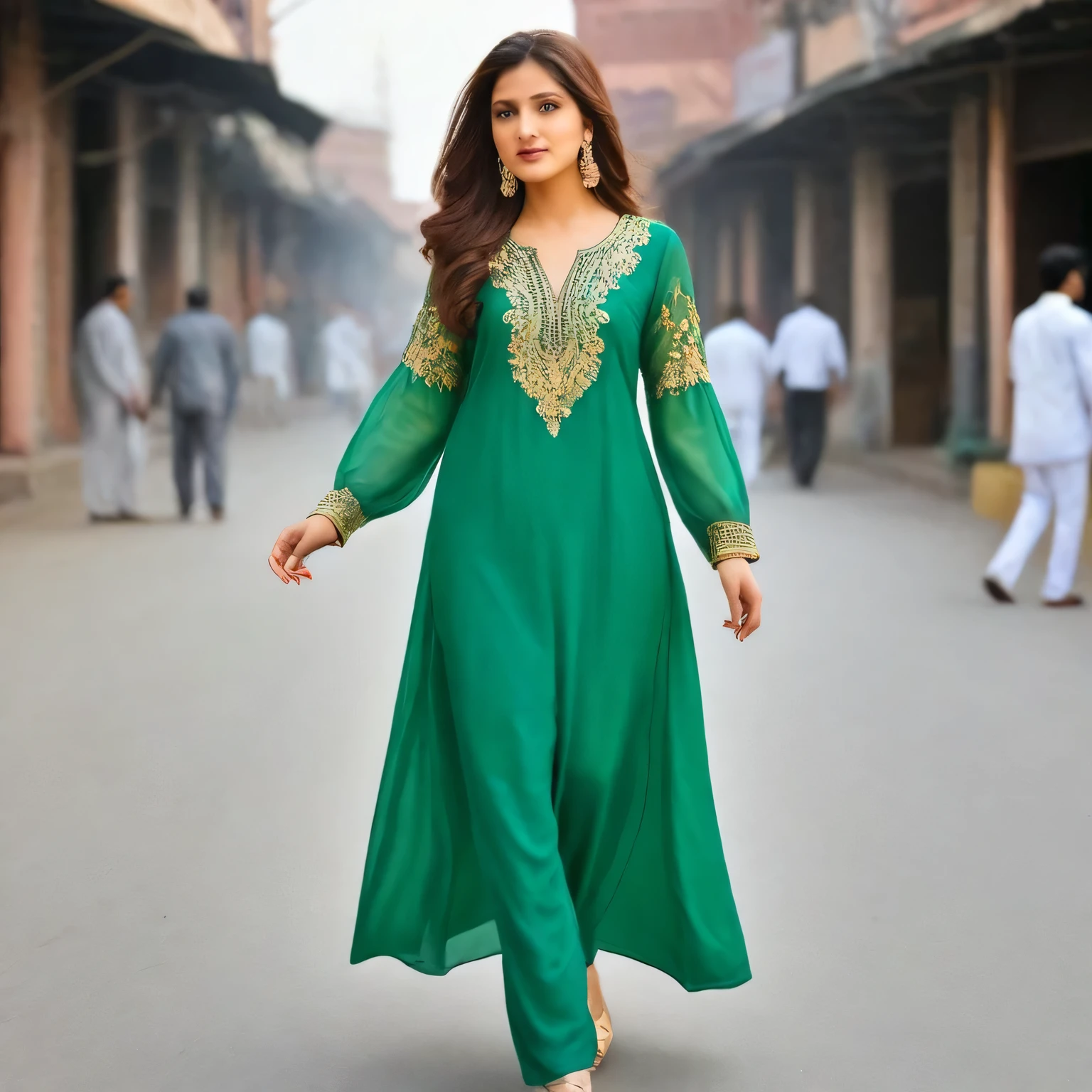 Absolutely! Here's a detailed description of an image for your Instagram post featuring a South Asian model in a captivating outfit, incorporating your request:
Image:
In the center of the image, a Pakistani woman with long, flowing hair confidently strides down a bustling street in Lahore, Pakistan. She has a slender build and is adorned in a modernized version of a shalwar kameez, a traditional two-piece outfit, that exudes elegance and confidence.
The shalwar, the pants portion, is a deep emerald green crafted from a shimmering material that catches the light. It flows loosely around her legs, cinching slightly at the ankles. The kameez, the tunic top, is a pale gold that complements the green beautifully. It features sheer sleeves with delicate embroidery that winds up the arms and a fitted bodice that accentuates her curves. The neckline dips slightly, revealing a hint of cleavage.
She accessorizes with statement jewelry, including a pair of large gold earrings and a jeweled pendant necklace. On her wrist, she wears a stack of gold bangles. The background captures the vibrant energy of Lahore's streets, bustling with colorful shops, food stalls, and pedestrians. The iconic Badshahi Mosque can be seen peeking into the frame from a side street, adding a touch of cultural significance.