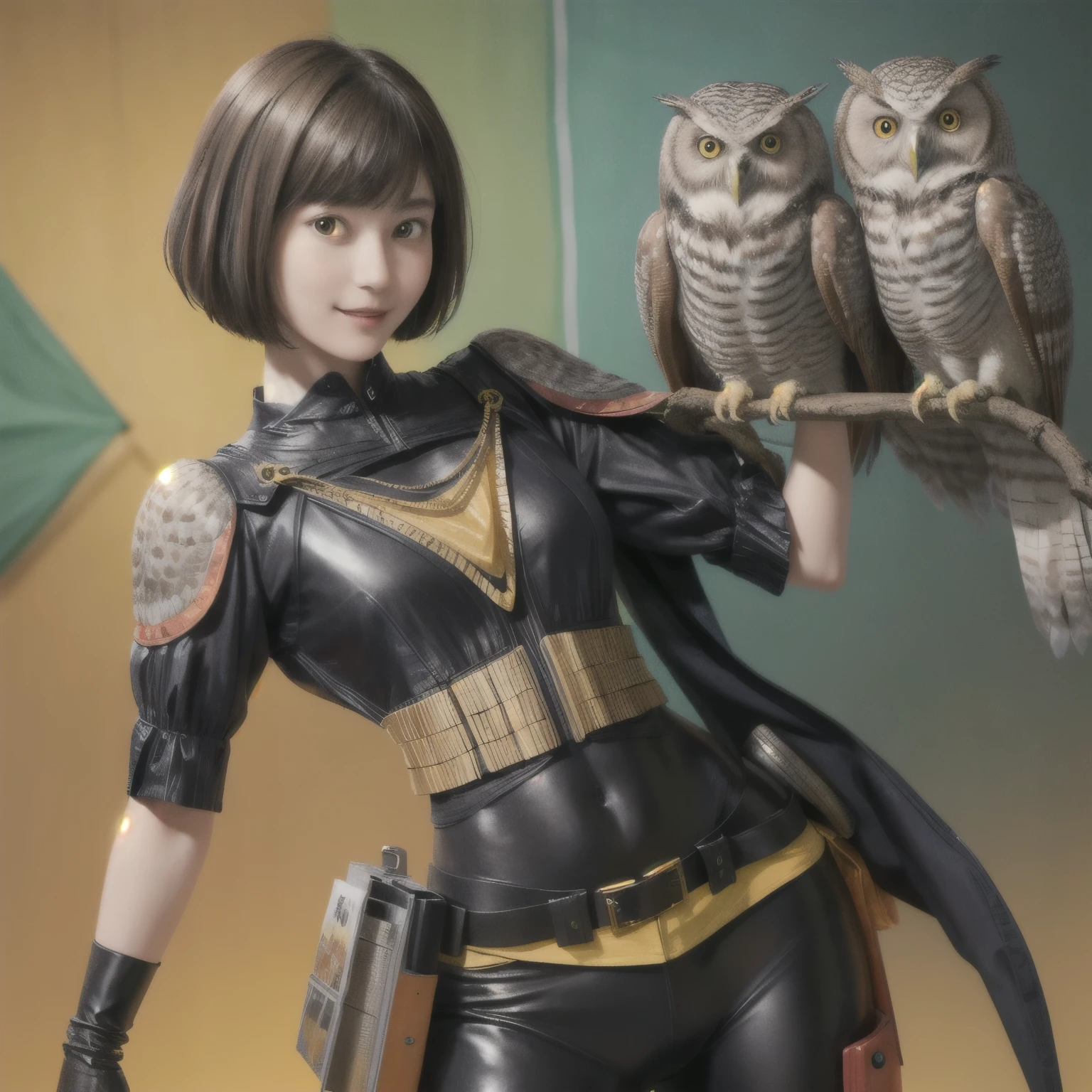 224 Short Hair, 20-year-old woman, A kind smile, (There are also colorful owls), (Rembrandt-style painting), ((machinery suit,Clothes with short sleeves)),I can see your abs