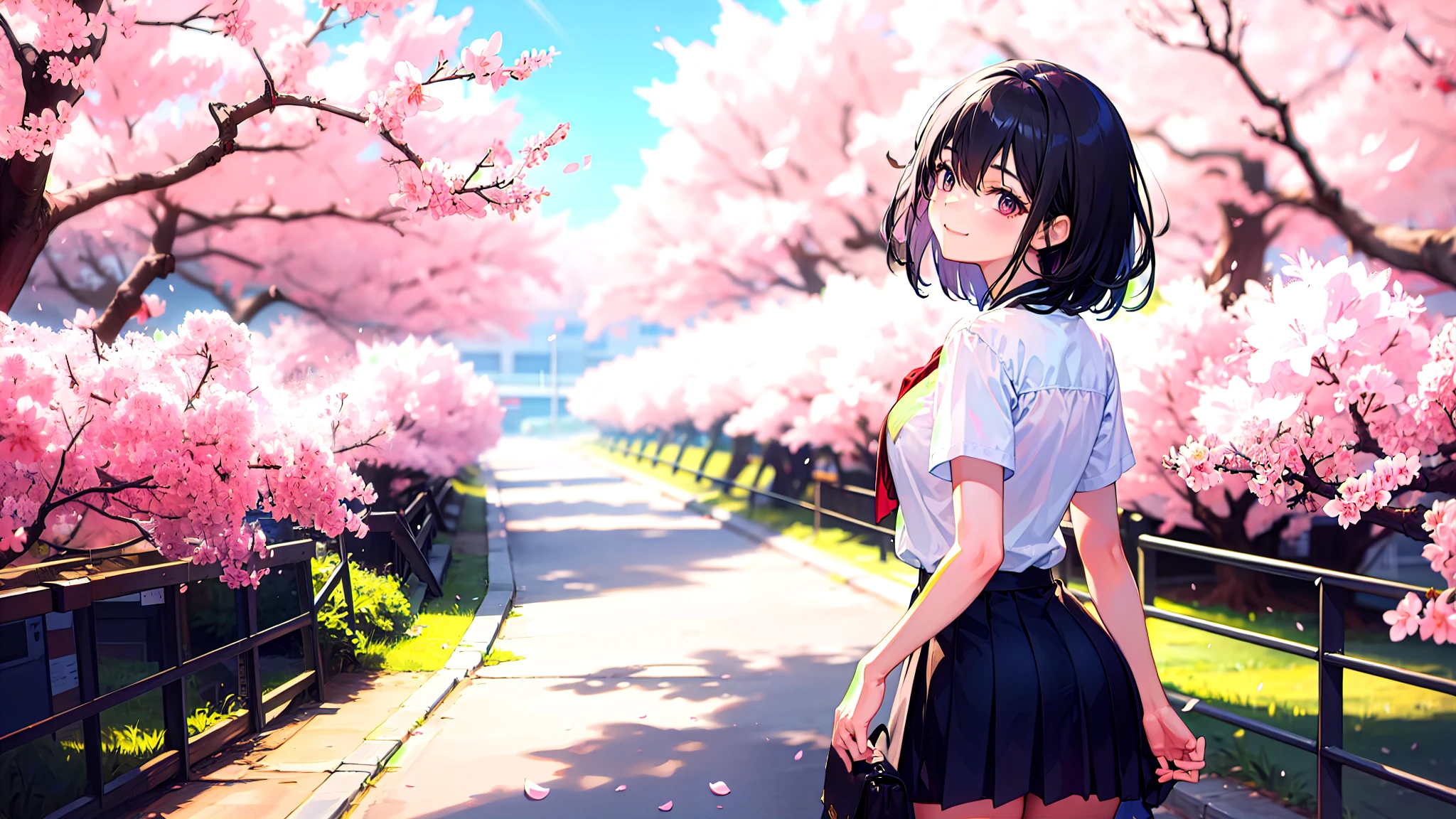 One girl、super quality、Looking up at the scenery of cherry blossoms in full bloom、A black-haired high school girl looking back at me、smile、Nice body、the skirt is short,、Ultra HD、amazing