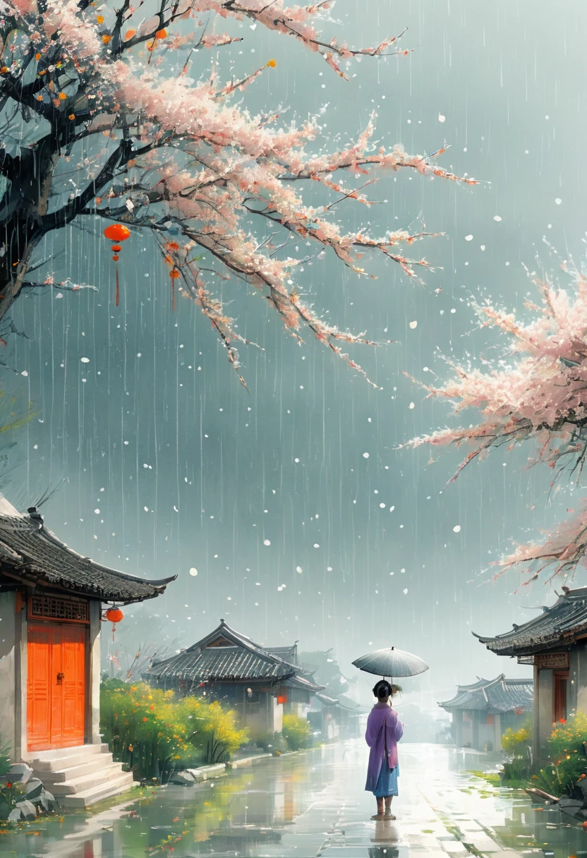 1girl, Cai GuoRUN's illustration style, Rainy Qingming season, Under a willow tree, A shepherd boy, amidst the rain, points into the distance, indicating the direction to Apricot Blossom Village, spring is full of freshness, rich details, spring scene, flat design, soft colors, vibrant tones, Chinese traditional painting elements, photorealistic, Minimal composition, High saturation and high contrast,rich light and shadow details, sharp contrast and clean lines