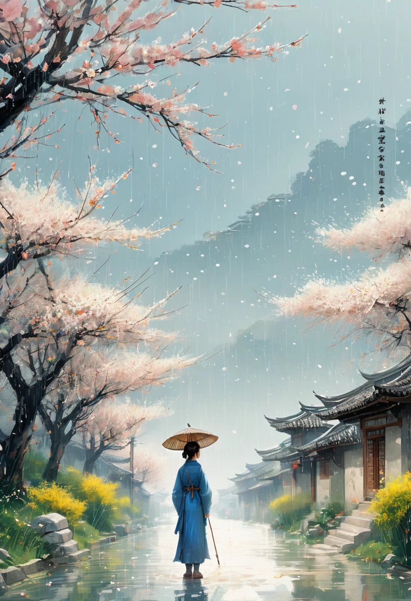 1girl, Cai GuoRUN's illustration style, Rainy Qingming season, Under a willow tree, A shepherd boy, amidst the rain, points into the distance, indicating the direction to Apricot Blossom Village, spring is full of freshness, rich details, spring scene, flat design, soft colors, vibrant tones, Chinese traditional painting elements, photorealistic, Minimal composition, High saturation and high contrast,rich light and shadow details, sharp contrast and clean lines
