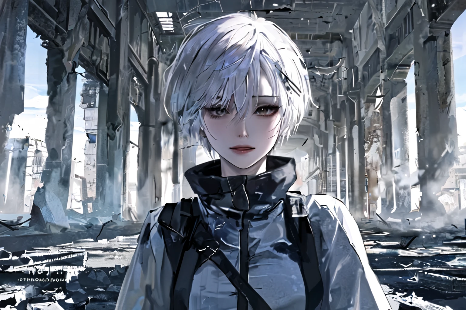 1girl, portrait, solo, lips, female focus, looking at viewer, white hair, short hair, perfect smile, gray eyes, realist novel cover. Standing on the ruins of the end of the world, has iron wings.