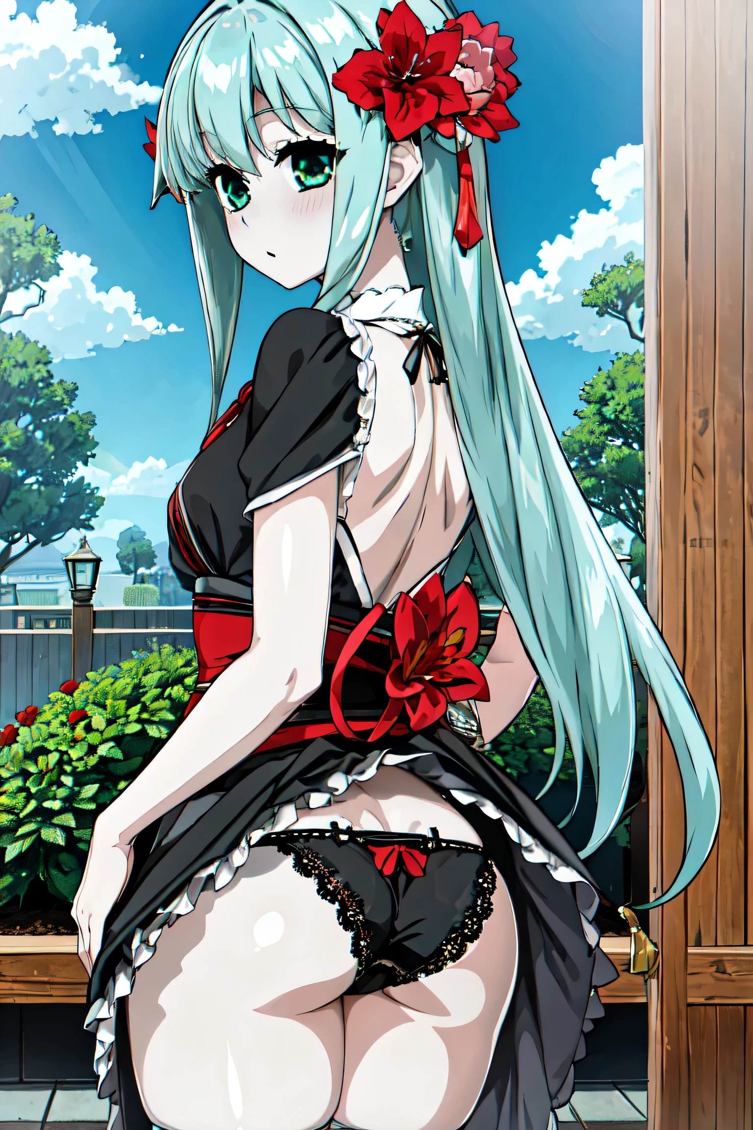 1 girl、Silver Hair、Pale skin、Long Hair、Red flower hair ornament、Emerald green eyes、、、High resolution、highest quality、Anime Moe Art Style、Cowboy Shot、Skirt Lift、Self Lift、panties、、Panty shot、Rear view、Outdoor、stomach