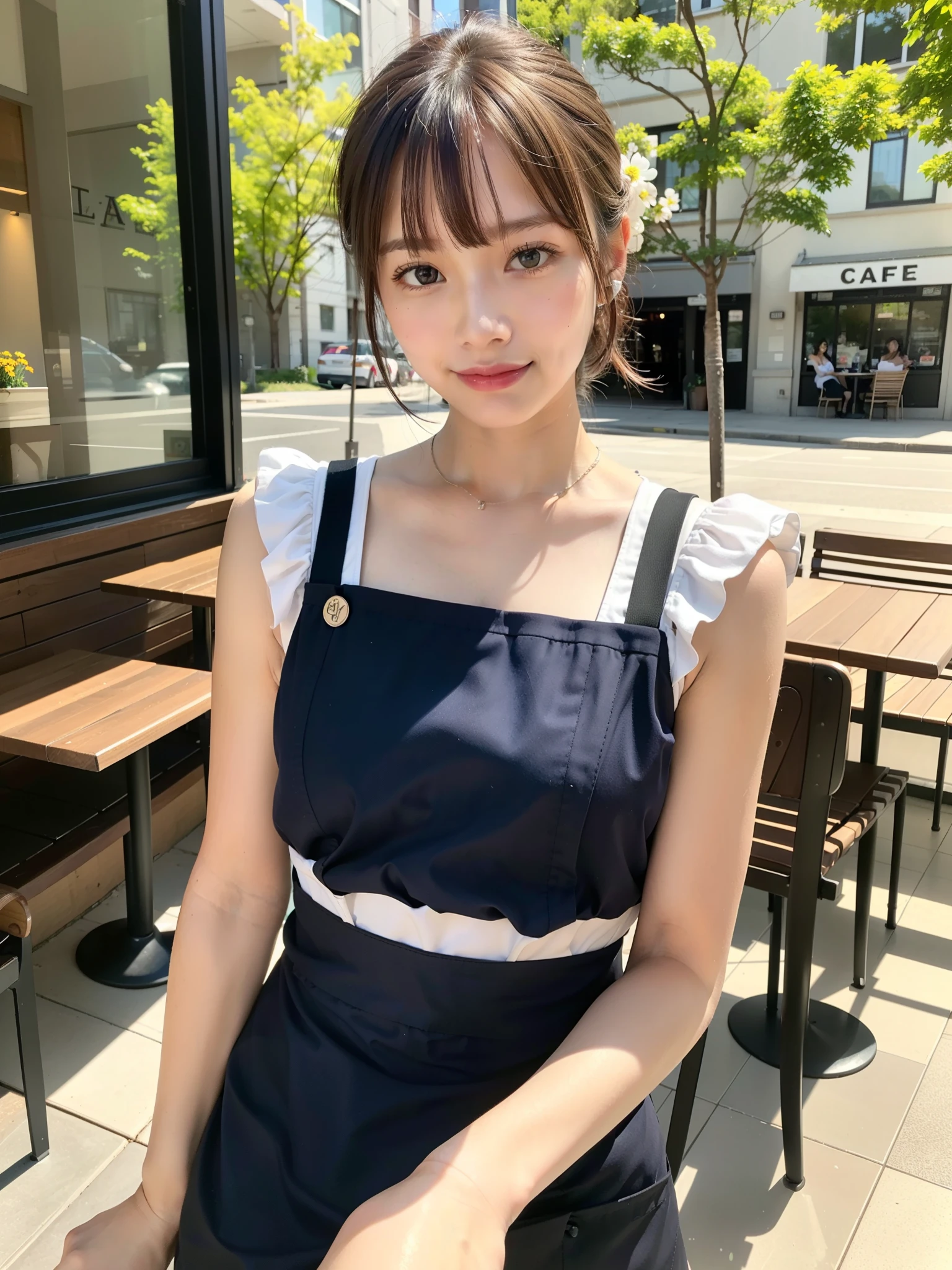 ((Best of the highest quality, 8k, Masterpiece: 1.3, raw photo)), Sharp focus: 1.2, (1 AESPA, slim body type female, 21 y/o: 1.1), (Solo: 1.2), (realistic, photo-realistic:1.37), face focus, cute face, finely eyes, (small breasts, flat chest, Thigh: 1.3), (short messy hair, bangs, updo: 1.28), (cafe waitress, stuff: 1.32), terrace dining, sun light, flower