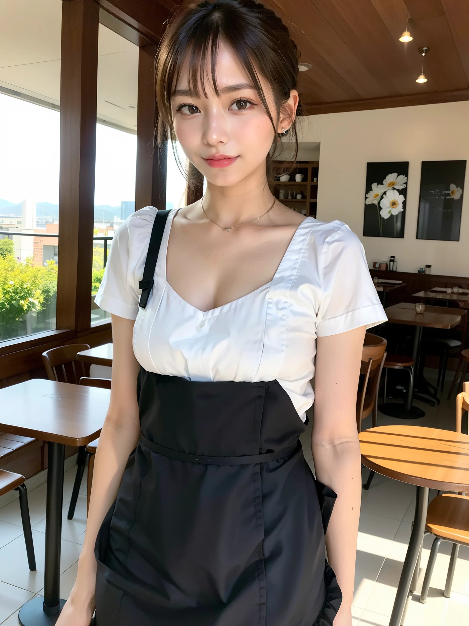 ((Best of the highest quality, 8k, Masterpiece: 1.3, raw photo)), Sharp focus: 1.2, (1 AESPA, slim body type female, 21 y/o: 1.1), (Solo: 1.2), (realistic, photo-realistic:1.37), face focus, cute face, finely eyes, (small breasts, flat chest, Thigh: 1.3), (short messy hair, bangs, updo: 1.28), (cafe waitress, stuff: 1.32), terrace dining, sun light, flower