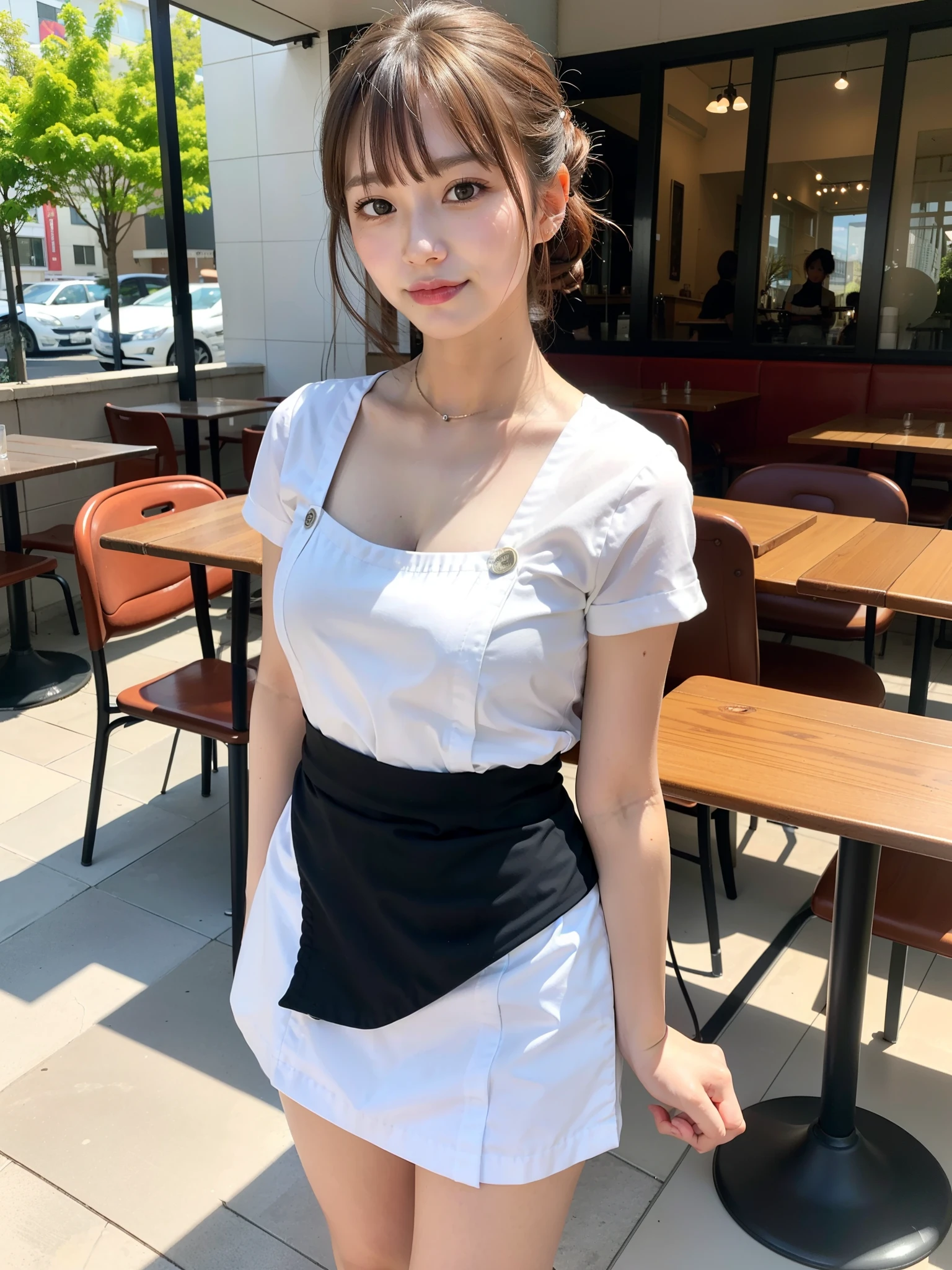 ((Best of the highest quality, 8k, Masterpiece: 1.3, raw photo)), Sharp focus: 1.2, (1 AESPA, slim body type female, 21 y/o: 1.1), (Solo: 1.2), (realistic, photo-realistic:1.37), face focus, cute face, finely eyes, (small breasts, flat chest, Thigh: 1.3), (short messy hair, bangs, updo: 1.28), (cafe waitress, stuff: 1.32), terrace dining, sun light, flower