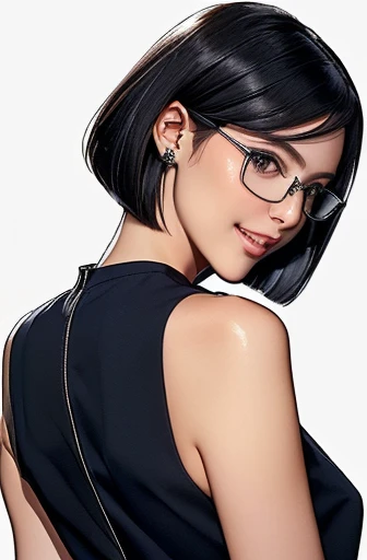 (masterpiece), (8k, best quality, high resolution), (ultra-detailed, realistic), (anatomically correct),
((Portrait)), (Standing), (((looking back))), (No background),
(1woman), (looking at viewer), (show your back),
(A Japanese woman, 30 years old and 155cm tall.),
(black hair), (straight hair), (short hair style), (bob cut), (hair behind ears),
(wear glasses), ((black cell frame glasses)),
((Wear a navy blue sleeveless dress)), ((Mini length dress with a simple design and minimal decoration)),
(Create a detailed image of the eye),
(Her impression is pure, clean and kind.),
((A captivating smile, just showing a few teeth.)),