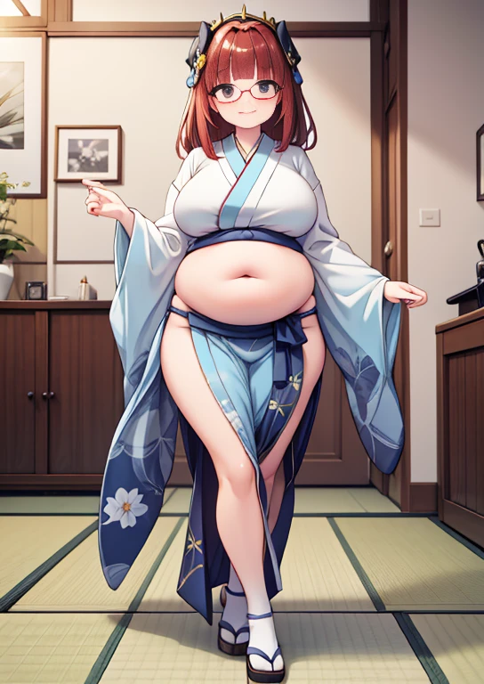 (masterpiece, best quality, highly detailed), 1girls, big belly, huge belly, art by kipteitei, round belly, chubby, curvy, belly grab, enormous belly, fat belly, thicc, bigger belly, really big belly, jiggly belly, glasses, japanese traditional clothes, tight breasts, ((long legs, tall)), high heels, smug face, ((full body)), (dominant)