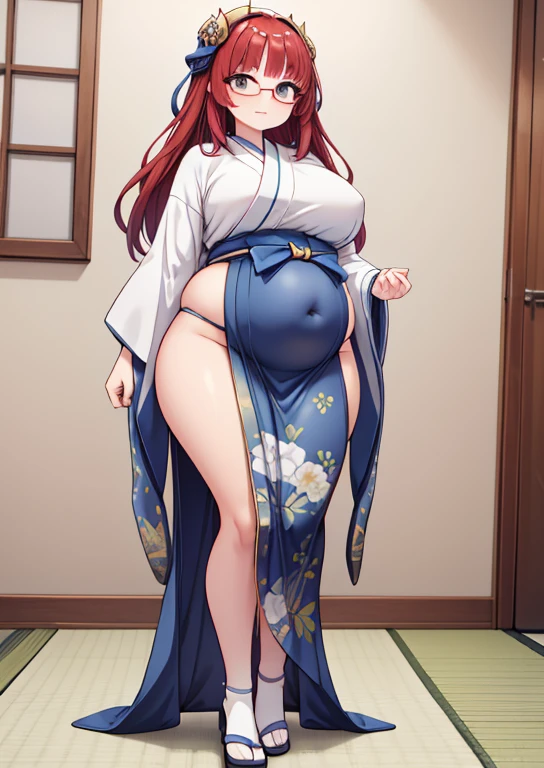 (masterpiece, best quality, highly detailed), 1girls, big belly, huge belly, art by kipteitei, round belly, chubby, curvy, belly grab, enormous belly, fat belly, thicc, bigger belly, really big belly, jiggly belly, glasses, japanese traditional clothes, tight , ((long legs, tall)), high heels, smug face, ((full body)), (dominan