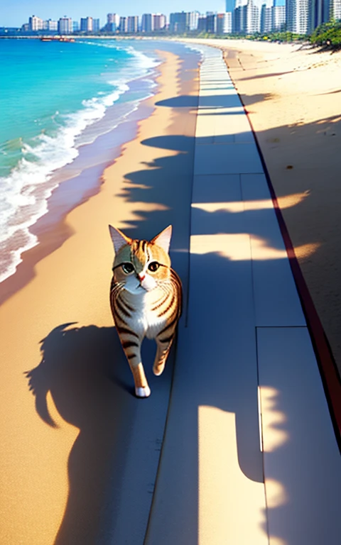 Take a walk on the beach、************、girl、alone、Walking with a brown tabby cat、