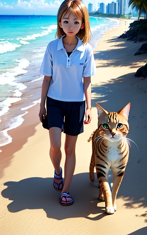 Take a walk on the beach、************、girl、alone、Walking with a brown tabby cat、