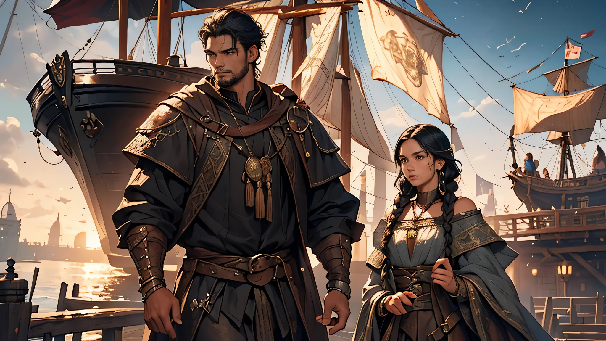 (a girl with long black hair and braids, black traveler's shirt),(a young man with curly hair),(walking on the ship's dock),(medieval fantasy theme),oil painting,ultra-detailed,professional,vivid colors,portrait,soft lighting