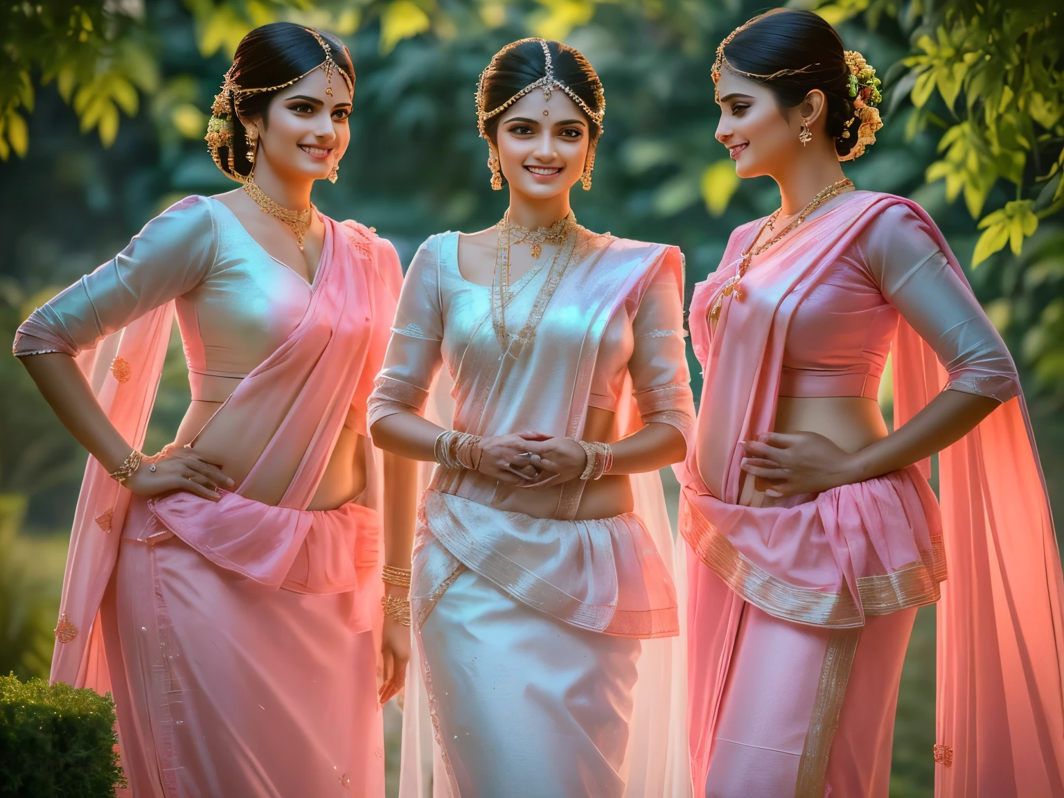 ((best quality)),((masterpiece)),(photorealistic:1.4), 1 beautiful Bride and 2 beautiful bride's maids, light smile, Bride in the middle wearing Pearl-white saree, bride's maids wearing pink sarees (Shimmering cloths:1.4), waist up, attractive feminine form, dramatic lighting, from below, garden background, looking at viewer