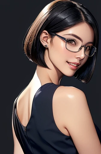 (masterpiece), (8k, best quality, high resolution), (ultra-detailed, realistic), (anatomically correct),
((Portrait)), (Standing), (((looking back))), (No background),
(1woman), (looking at viewer), (show your back),
(A Japanese woman, 30 years old and 155cm tall.),
(black hair), (straight hair), (short hair style), (bob cut), (hair behind ears),
(wear glasses), ((black cell frame glasses)),
((Wear a navy blue sleeveless dress)), ((Mini length dress with a simple design and minimal decoration)),
(Create a detailed image of the eye),
(Her impression is pure, clean and kind.),
((A captivating smile, just showing a few teeth.)),