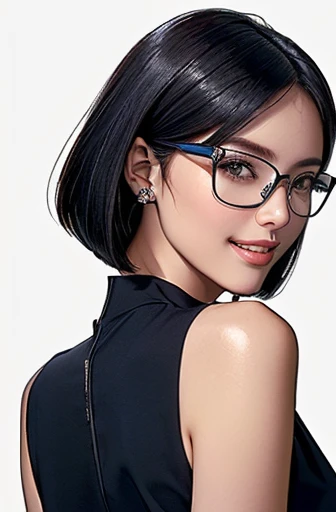 (masterpiece), (8k, best quality, high resolution), (ultra-detailed, realistic), (anatomically correct),
((Portrait)), (Standing), (((looking back))), (No background),
(1woman), (looking at viewer), (show your back),
(A Japanese woman, 30 years old and 155cm tall.),
(black hair), (straight hair), (short hair style), (bob cut), (hair behind ears),
(wear glasses), ((black cell frame glasses)),
((Wear a navy blue sleeveless dress)), ((Mini length dress with a simple design and minimal decoration)),
(Create a detailed image of the eye),
(Her impression is pure, clean and kind.),
((A captivating smile, just showing a few teeth.)),