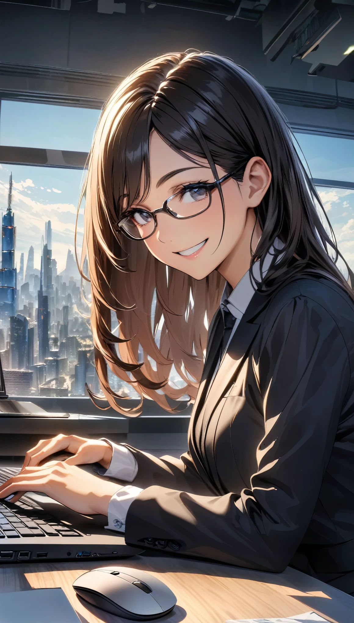 An office lady working on a PC,portrait,professional,wearing a smart suit,stylish glasses,typing on a sleek laptop,using a wireless mouse,sitting at a modern desk,smiling confidently,with a view of a city skyline in the background,soft natural lighting,HDR,highres,ultra-detailed.