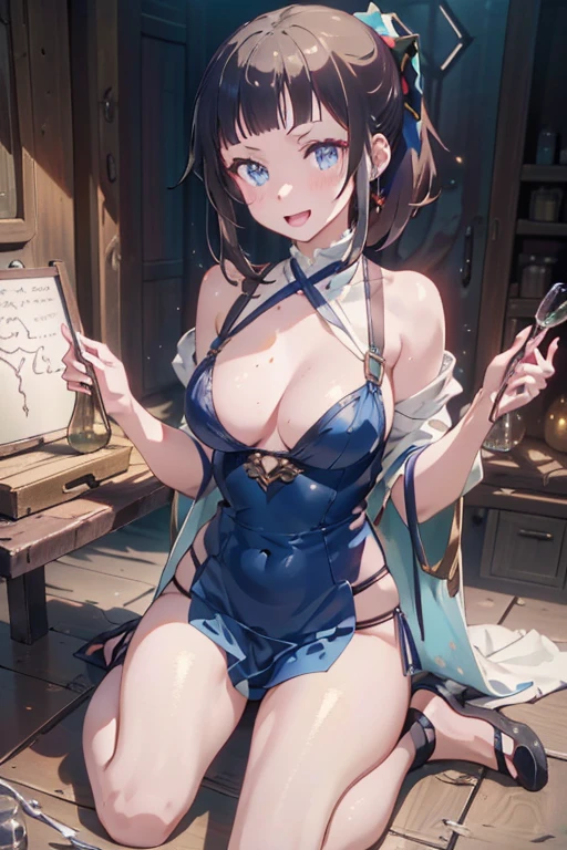 (fantasy:1.5),(anime,8k,masterpiece, top quality, best quality,beautiful and aesthetic:1.2,professional illustrasion:1.1,ultra detail:1.3,perfect lighting),extremely detailed,highest detailed,incredibly absurdres , highres, ultra detailed,intricate:1.6,(Alchemy Workshop:1.4),A girl mixing,Medicine in many small bottles,holding small potion,colorful:1.4,zentangle,(1girl),(girl),(Three kingdoms female warload),(highly detailed beautiful face and eyes,firm breasts),oily skin,((black,hair,short bob with short pony tail hair)),thin pubic hair,cute,lovely,34 years old,alchemist costume,Merchant's Clothing,smile,in the kitchen,smile,seductive weak smiling,(with sparkling eyes and a contagious smile),open mouth, Looking at Viewer,
