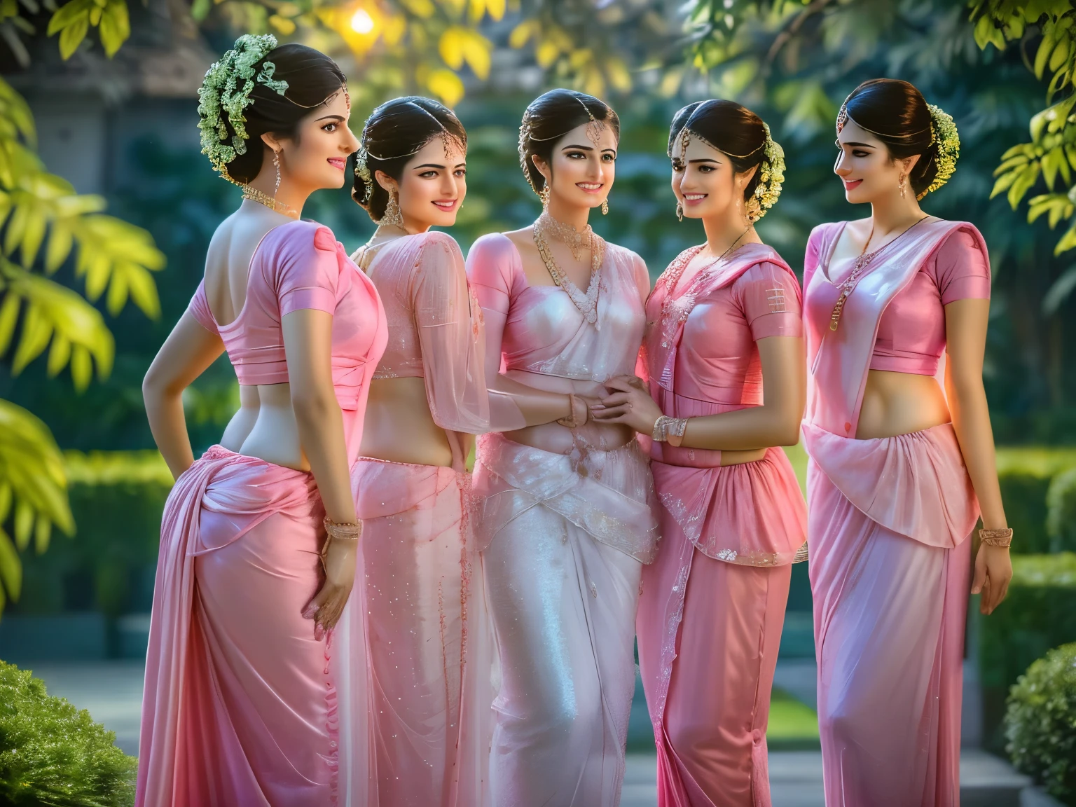 ((best quality)),((masterpiece)),(photorealistic:1.4), 1 beautiful Bride and 2 beautiful bride's maids, light smile, Bride in the middle wearing Pearl-white saree, bride's maids wearing pink sarees (Shimmering cloths:1.4), waist up, attractive feminine form, dramatic lighting, from below, garden background, looking at viewer