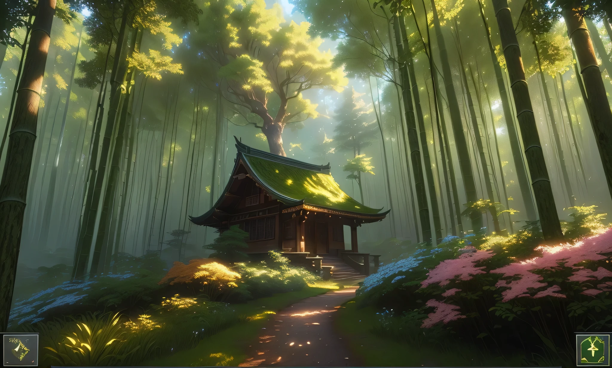 arafed view of a screenshot of a person in a forest, <mmorpgs scene, in game, ingame image, mmorpg gameplay, in-game, in - game, gameplay screenshot with ui, mmorpg, korean mmorpg, beautiful screenshot, peaceful elven forest, a screenshot, detailed screenshot, velly distant forest, pc screenshot, mmo, in game screenshot, there is a painting of a forest path with flowers, fantasy forest landscape, fantasy forest background, anime background art, magical bamboo forest, elegant forest drawing, forrest game background, magic forest background, forest background elves, soft forest background, magical forest landscape during the day,