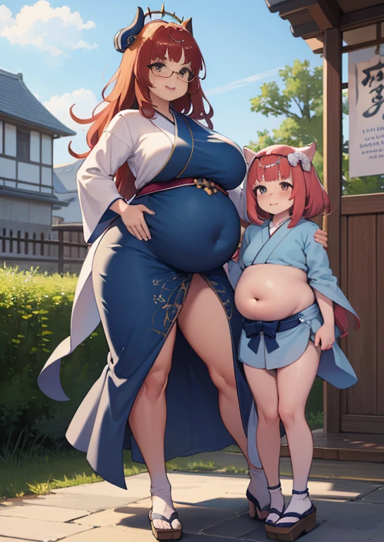 (masterpiece, best quality, highly detailed), 1girls, big belly, huge belly, art by kipteitei, round belly, chubby, curvy, belly grab, enormous belly, fat belly, thicc, bigger belly, really big belly, jiggly belly, glasses, japanese traditional clothes, tight breasts, ((long legs, tall)), high heels, smug face, ((full body)), (dominant)