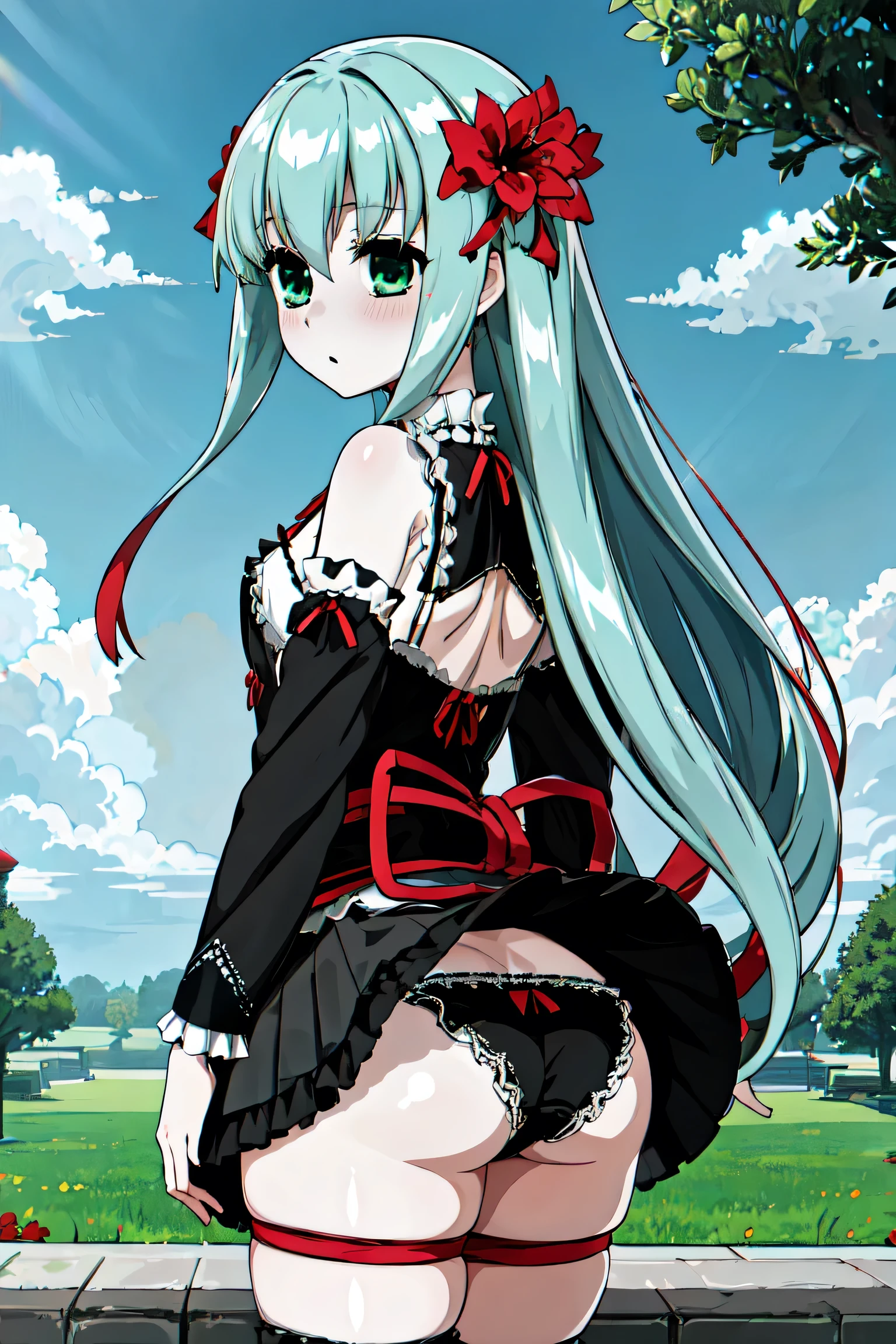 1 girl、Silver Hair、Pale skin、Long Hair、Red flower hair ornament、Emerald green eyes、Small breasts、Gothic Lolita Clothing、、High resolution、highest quality、Anime Moe Art Style、Cowboy Shot、Plush panties、lingerie、uniform、Strong winds、Skirt flipped up、Panty shot、Rear view、Outdoor