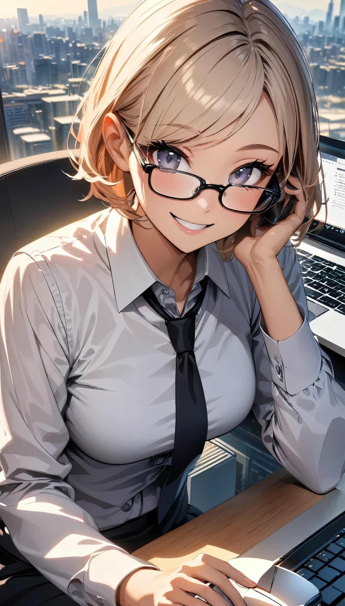 An office lady working on a PC,portrait,professional,wearing a smart suit,stylish glasses,typing on a sleek laptop,using a wireless mouse,sitting at a modern desk,smiling confidently,with a view of a city skyline in the background,soft natural lighting,HDR,highres,ultra-detailed.