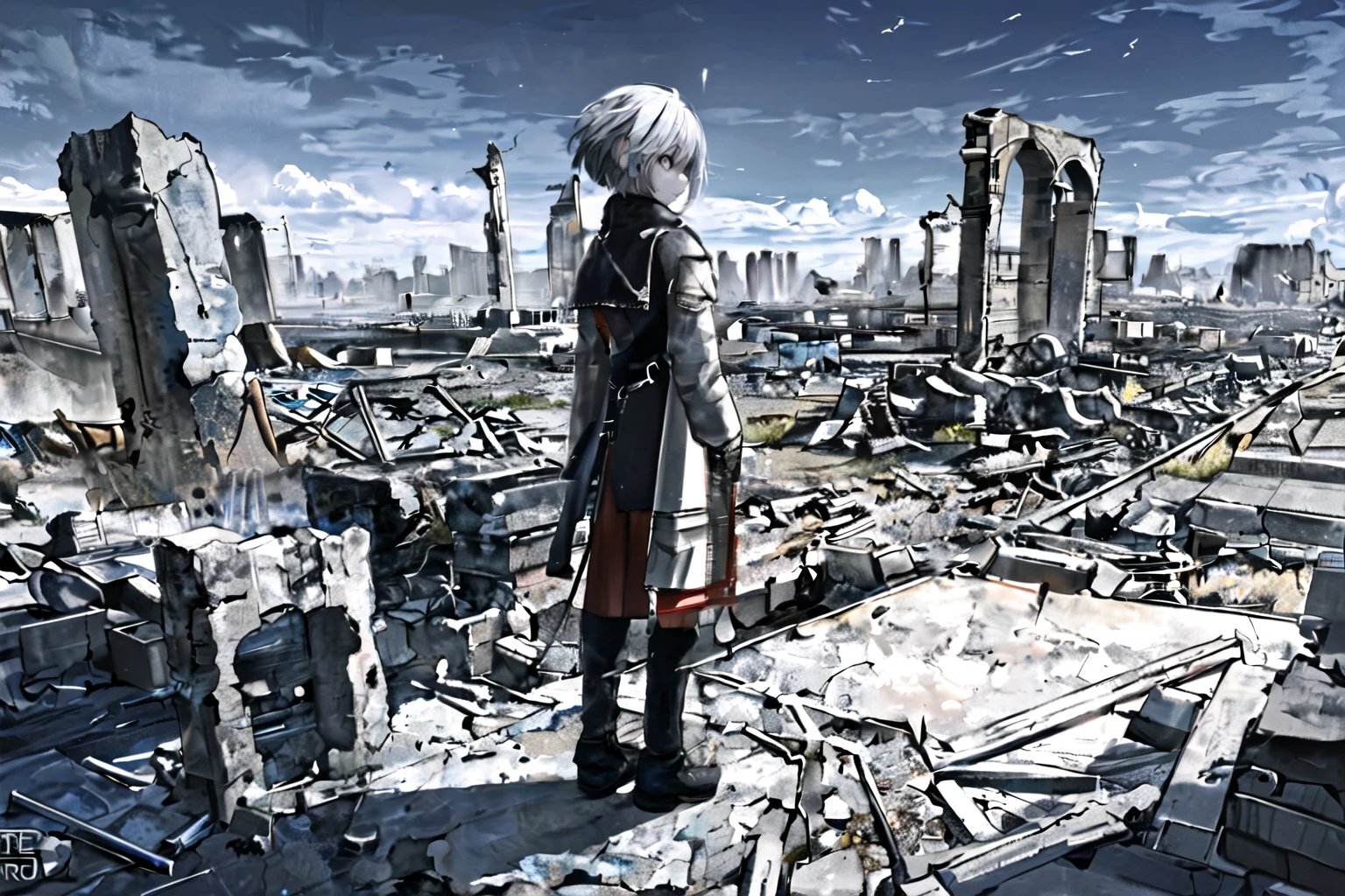 1girl, portrait, solo, white hair, short hair, realist novel cover. Standing on the ruins of the end of the world, has iron wings. Turn your back on the viewer.