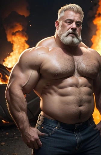 A super heavy bodybuilder gray and blonde haired Scandinavian firefighter with a yellow firefighter helmet on his head and no shirt. A full body obese bodybuilder with a very sweaty body An extremely muscular and extremely fat old man over 70 years old weighing over 600 pounds Very muscular very hairy, con grandes. pectorales con pezones oscuros y ginecomastia en un medio de un gran incendio forestal vistiendo pantalones de bombero amarillos