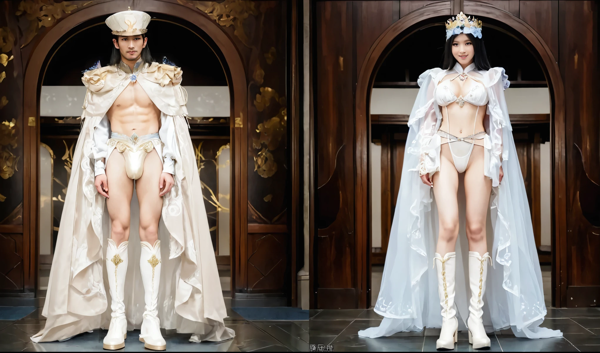 A man and a woman standing in Japan, Wear sexy clothes, Like princes and princesses, pretty face, fantasy costumes