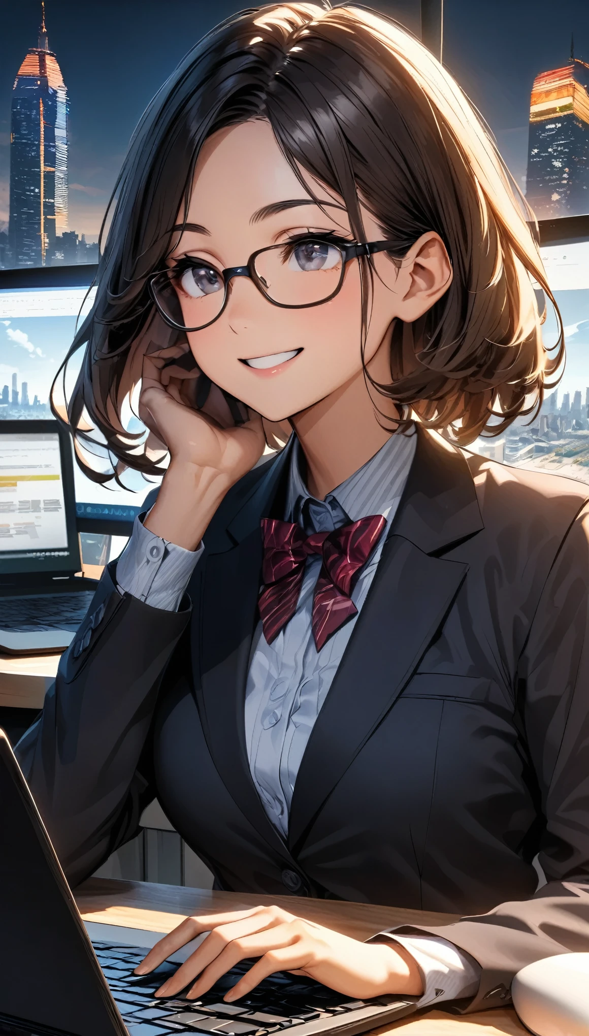 An office lady working on a PC,portrait,professional,wearing a smart suit,stylish glasses,typing on a sleek laptop,using a wireless mouse,sitting at a modern desk,smiling confidently,with a view of a city skyline in the background,soft natural lighting,HDR,highres,ultra-detailed.