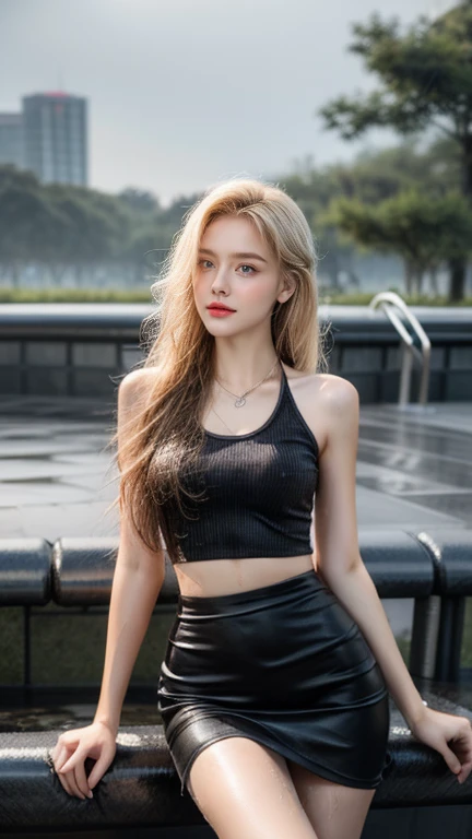 (realistic:1.5, 16k, Highest quality, Masterpiece, Ultra high resolution), ((typhoon heavy rain, from below)), Perfect dynamic composition:1.2, (modern city at night, expression of sadness:0.9, sitting on the stairs:1.0), Highly detailed skin and face:1.2, (teenage girl wet in the rain:1.3),sitting on the stairs、smile, Incredibly slim figure:1.2, Beautiful skin:1.2, Sexy Beauty:1.1, beautifully、about beauty:1.1, Very beautiful face:1.2,(water droplets on the skin), (Rain falls on my body:1.2, wet body:1.2, Wet hair:1.3), (Wet pink, tight, low-waisted miniskirt.:1.2, (Wear wet girl clothes:1.3),hips up,Open the abdomen), (fit, chest gap), (Big eyes that shone with a beautiful gleam..:0.8, Lips that shine brightly and beautifully.:0.8), necklace, earring, bracelet, wedding ring, Shoulder bag, clock,blonde hair,Bob,medium hair,(Soaking wet:1.3)
