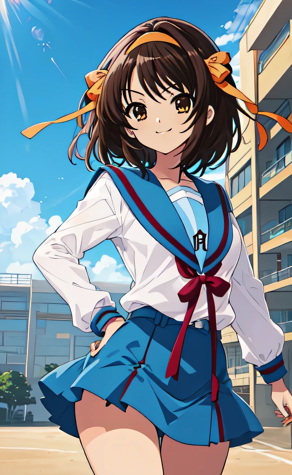 ((masterpiece)), best quality, high resolution, cowboy shot, anime coloring, (((kyoani haruhi style))), 1girl, solo, Haruhi Suzumiya, medium length hair, blue sailor collar, sailor collar, brown hair, bangs, brown eyes, yellow ribbon, smile, anime coloring, looking at viewer, (((in the school))), blue sky