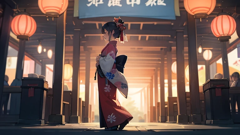 A woman in a kimono stands in a mysterious festival venue。