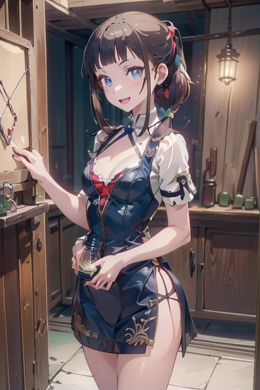 (fantasy:1.5),(anime,8k,masterpiece, top quality, best quality,beautiful and aesthetic:1.2,professional illustrasion:1.1,ultra detail:1.3,perfect lighting),extremely detailed,highest detailed,incredibly absurdres , highres, ultra detailed,intricate:1.6,(Alchemy Workshop:1.4),A girl mixing,Medicine in many small bottles,holding small potion,colorful:1.4,zentangle,(1girl),(girl),(Three kingdoms female warload),(highly detailed beautiful face and eyes,firm breasts),oily skin,((black,hair,short bob with short pony tail hair)),thin pubic hair,cute,lovely,34 years old,alchemist costume,Merchant's Clothing,smile,in the kitchen,smile,seductive weak smiling,(with sparkling eyes and a contagious smile),open mouth, Looking at Viewer,

