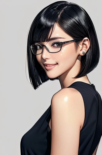 (masterpiece), (8k, best quality, high resolution), (ultra-detailed, realistic), (anatomically correct),  
((Portrait)), (Standing), (((looking back))), (No background),
(1woman),  (looking at viewer), (show your back), 
(A Japanese woman, 30 years old and 155cm tall.), 
(black hair), (straight hair), (short hair style), (bob cut), (hair behind ears), 
(wear glasses), ((black cell frame glasses)), 
((Wear a navy blue sleeveless dress)), ((Mini length dress with a simple design and minimal decoration)), 
(Create a detailed image of the eye), 
(Her impression is pure, clean and kind.), 
((A captivating smile, just showing a few teeth.)), 　 
