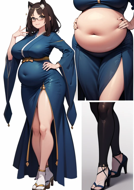 (masterpiece, best quality, highly detailed), 1girls, big belly, huge belly, art by kipteitei, round belly, chubby, curvy, belly grab, enormous belly, fat belly, thicc, bigger belly, really big belly, jiggly belly, glasses, japanese traditional clothes, tight breasts, ((long legs, tall)), high heels, smug face, ((full body)), (dominant)