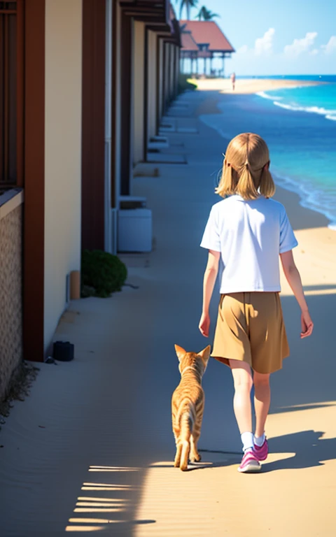 Take a walk on the beach、17 years old、girl、alone、Walking with a brown tabby cat、