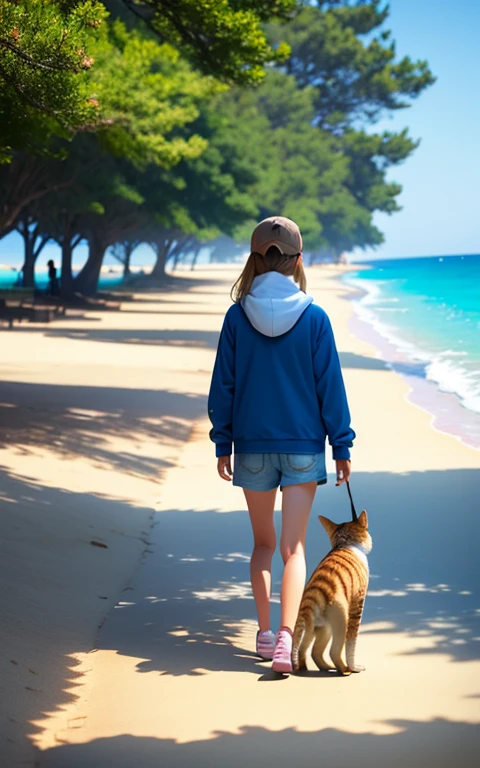 Take a walk on the beach、17 years old、girl、alone、Walking with a brown tabby cat、